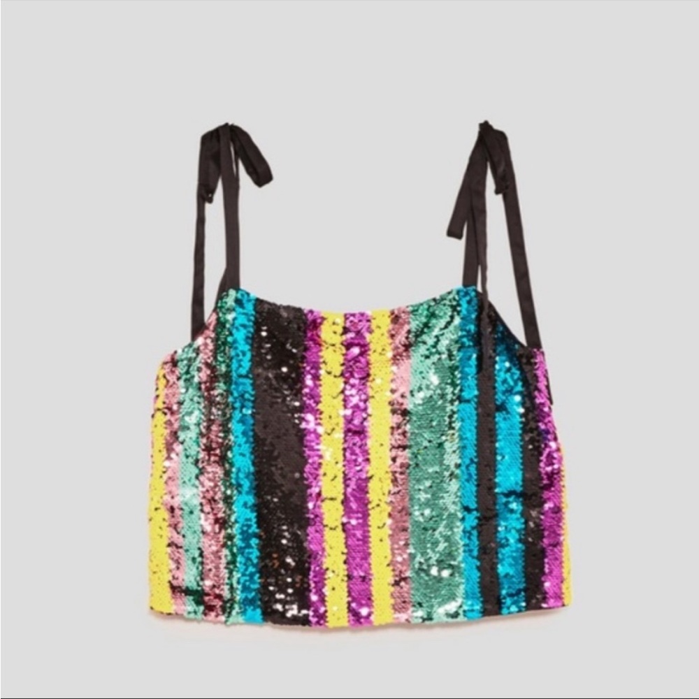 Zara Multicolor Sequin Striped Top with Ribbon Straps
